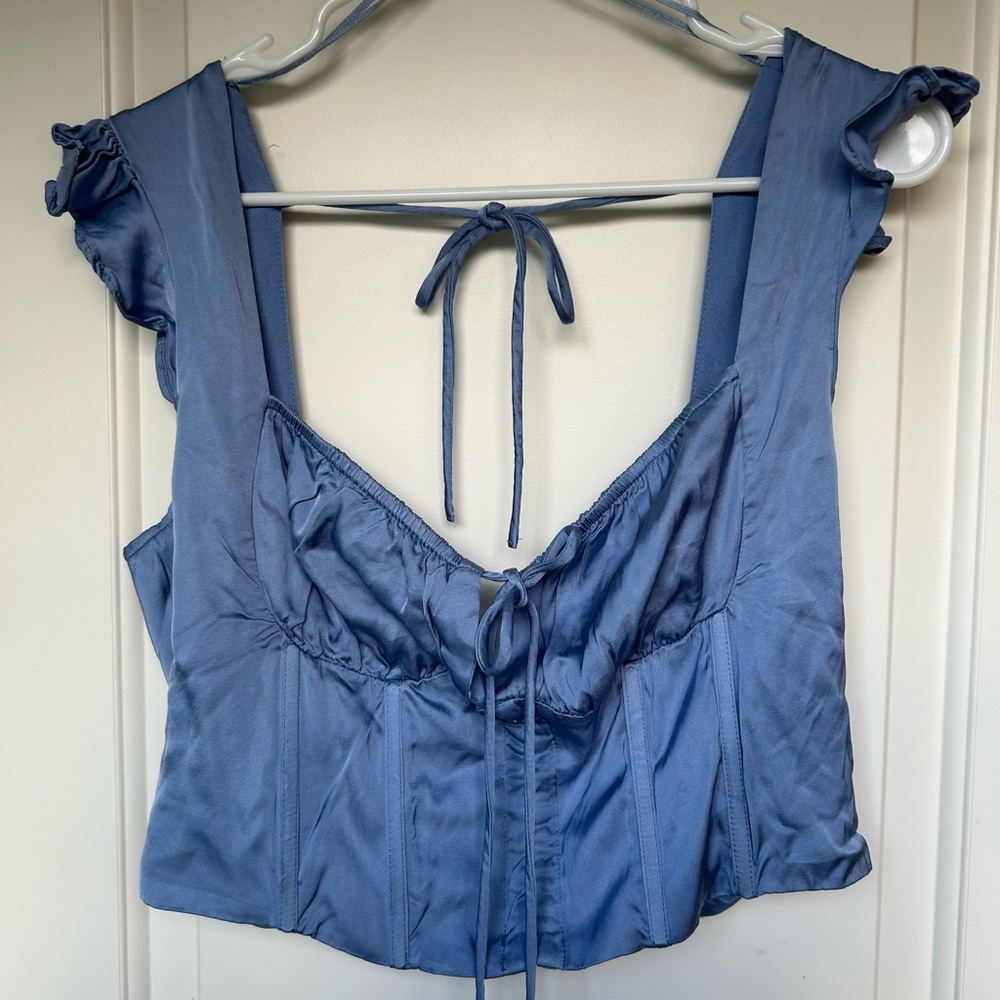 Astr Blue Corset Milk Maid Smocked Back Crop Top